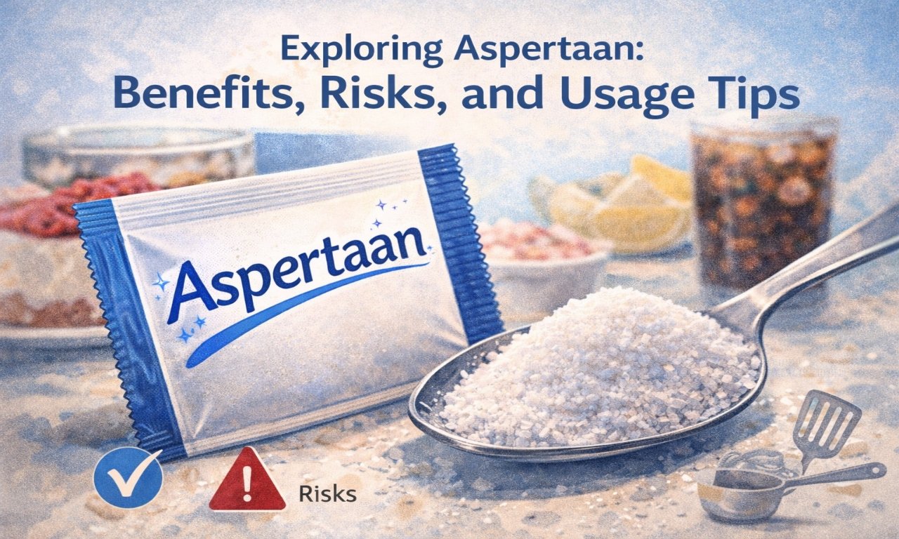 A close-up of Aspertaan sweetener crystals in a spoon, highlighting its use as a sugar alternative in food and beverages.