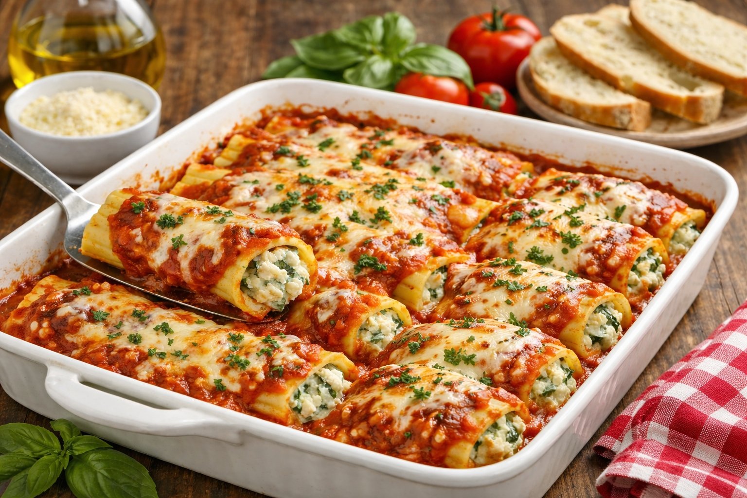 A baked dish of Mannacote pasta filled with ricotta and spinach, topped with melted cheese and marinara sauce, ready to serve.