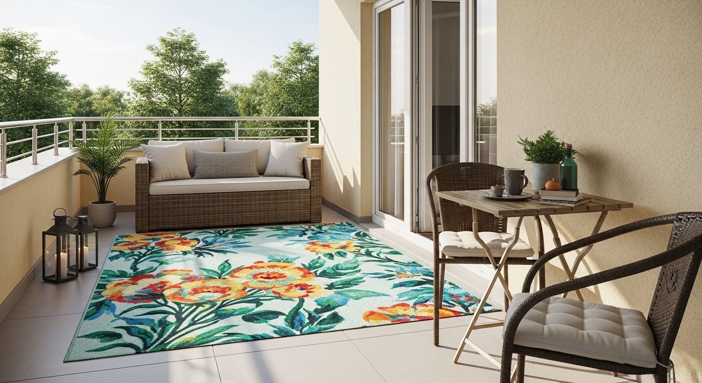 Vibrant patio featuring a colorful markiseteppe outdoor rug, surrounded by cozy seating, potted plants, and sunlight, creating a warm and inviting outdoor space.