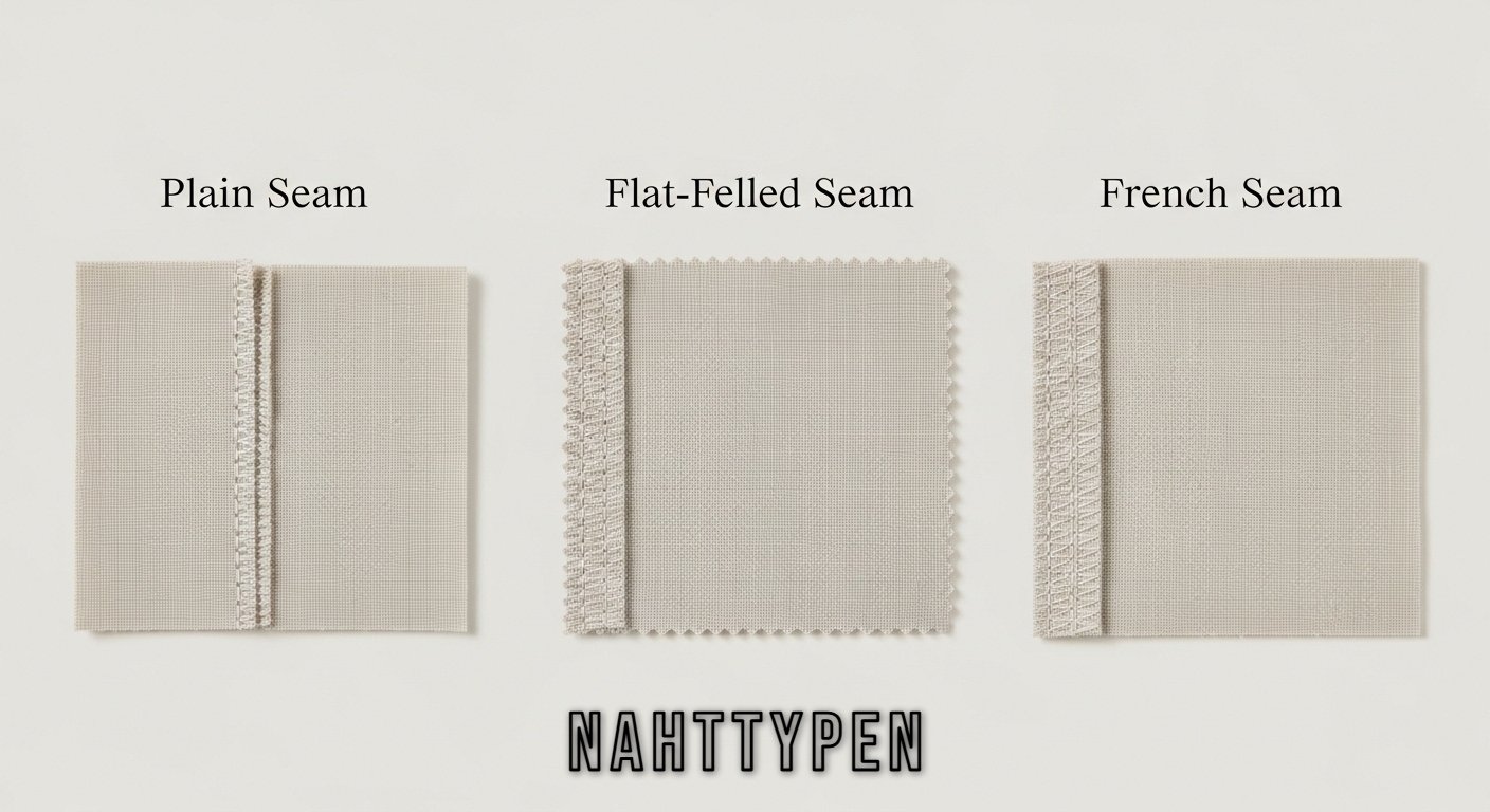 Various nahttypen (seam types) on different fabrics, including plain, French, flat-felled, overlock, and bound seams, for sewing projects.