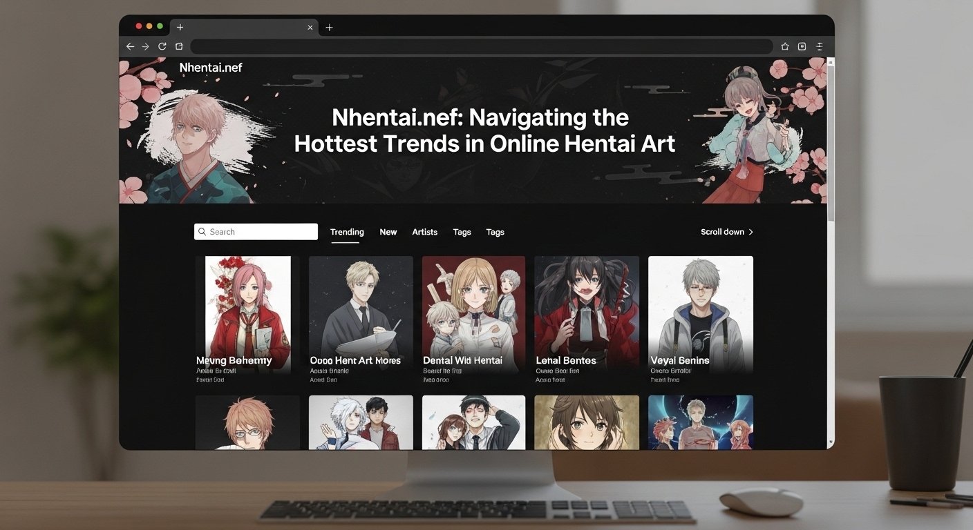A digital illustration representing nhentai.nef, showing diverse hentai artwork thumbnails on a clean, user-friendly interface with vibrant colors.